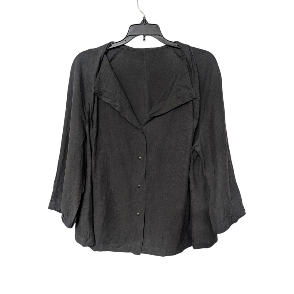 Babette Blouse Charcoal Gray Silk Linen Notched Collar Snap Button Front Large